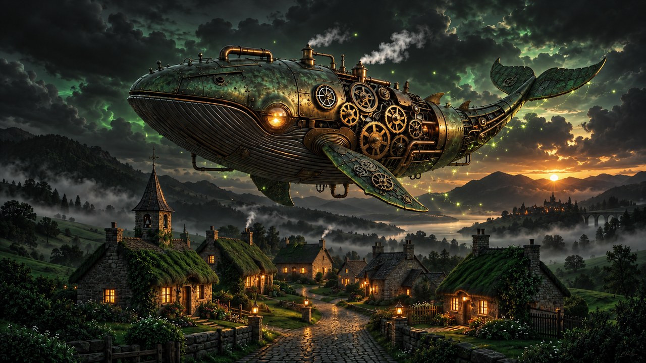A brass clockwork whale floating above village rooftops under green storm clouds